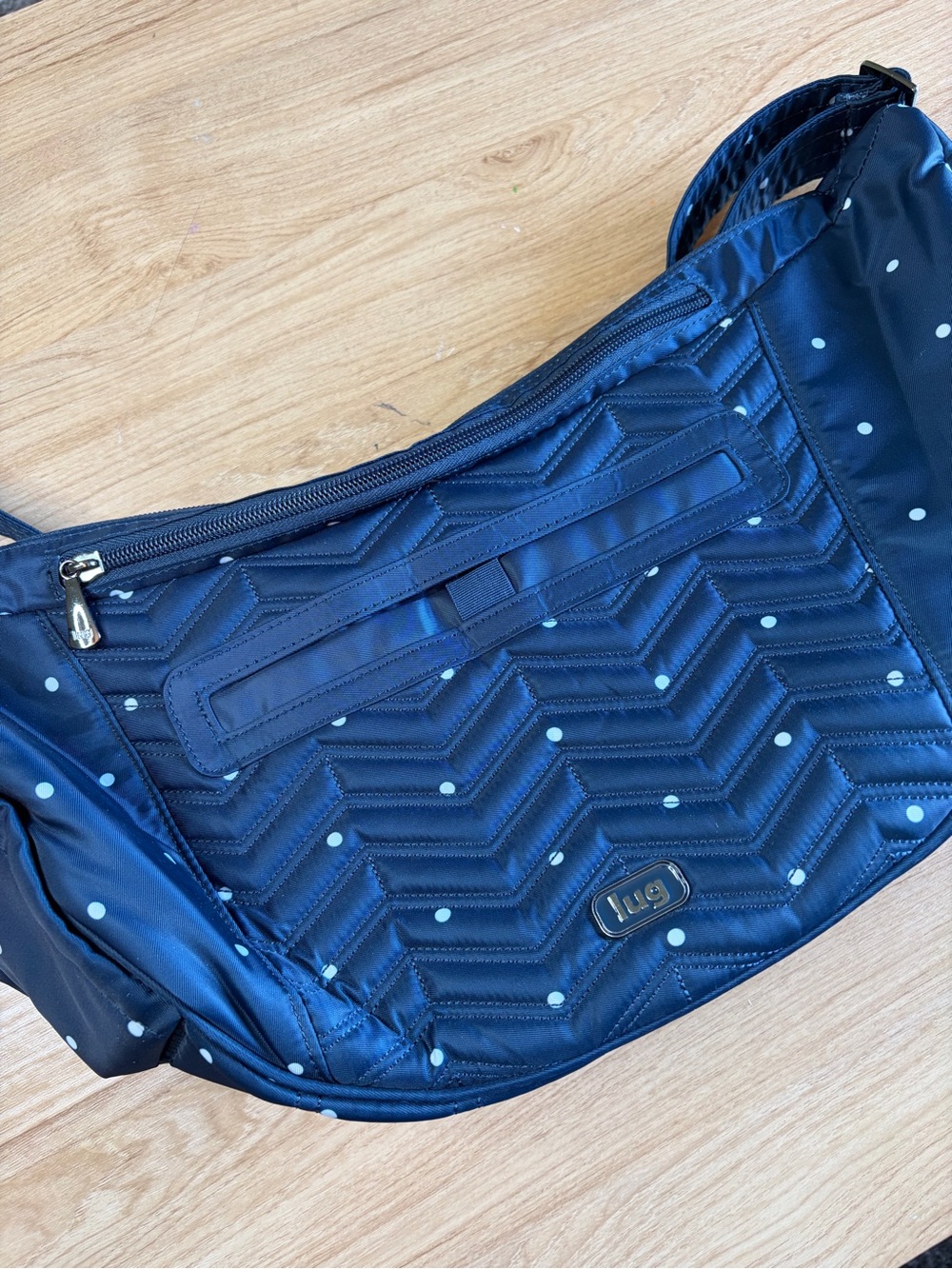 Lug Boomerang Navy & White Polka Dot Quilted Shoulder Bag like new